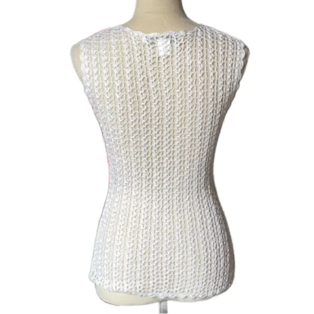 Bette Paige White Sheer Macrame Knit V-Neck Sheer Sleeveless Top (Size: Small)